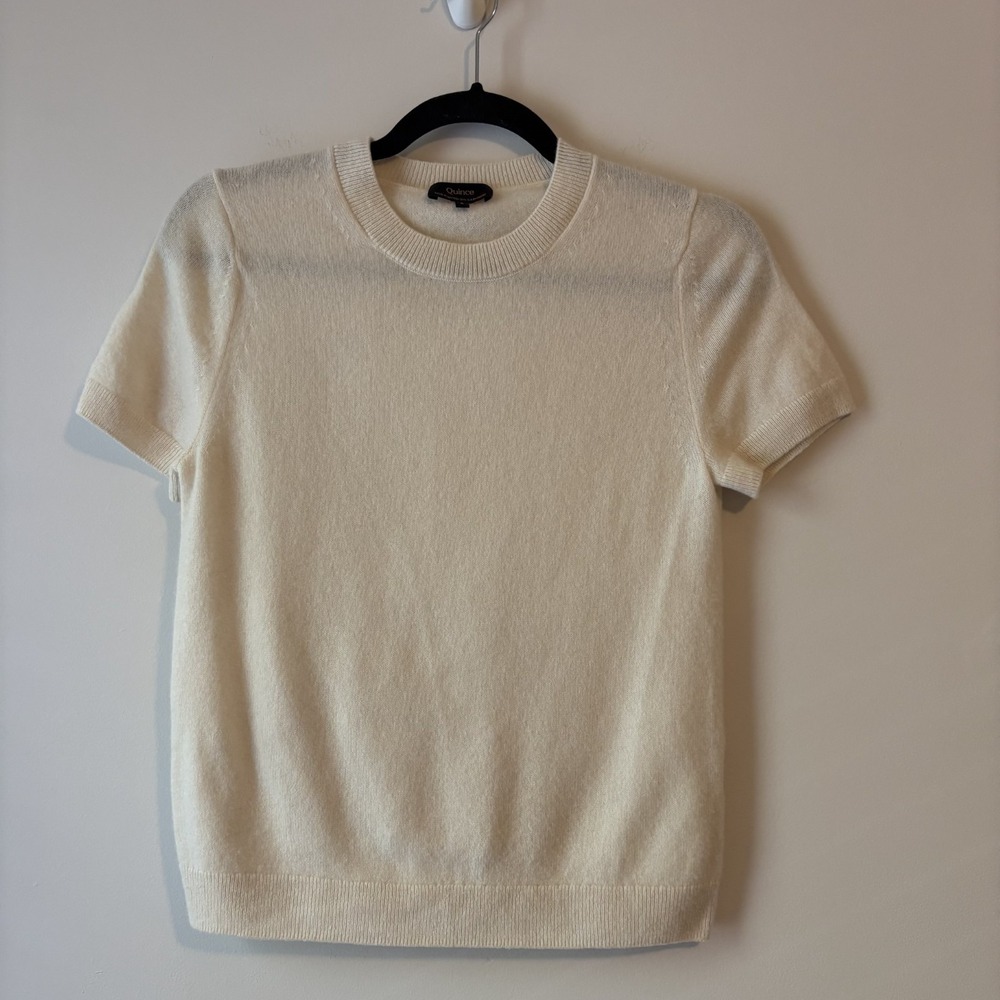 Quince 100% Mongolian Cashmere Short Sleeve Sweater Ivory Size S Quiet Luxury